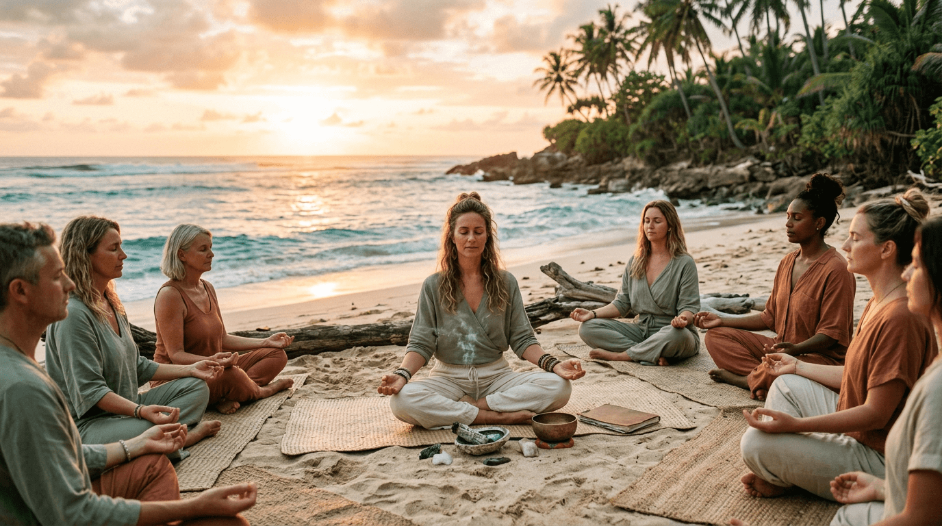 Wellness practitioner leading guided meditation on tropical beachfront at sunrise